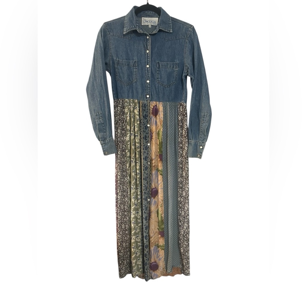 Vintage La Costa Spa Dress Mixed Fabric Denim Floral Maxi Pearl Button Front S